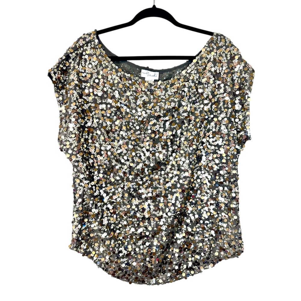 Ludi Womens Sequins‎ Metallic Sparkle Cap Sleeve Top Blouse Shirt Size L